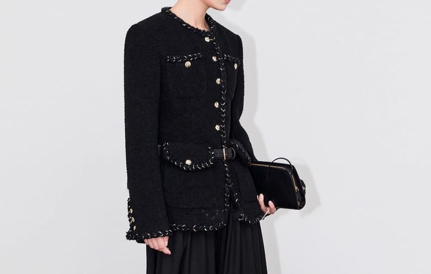 Crew Neck Braided Trim Button-Up Tweed Slit Jacket