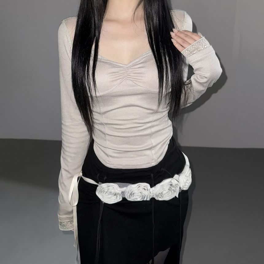 Ruching V-Neck Lace Panel Fitted Long-Sleeve Top