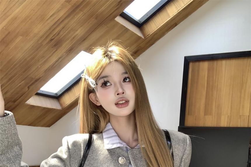 Round Neck Plain Button Up Wool Jacket