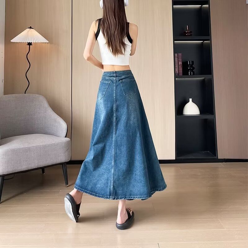 Washed Denim Midi A-Line Skirt