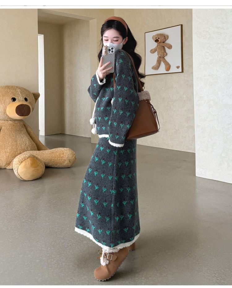 Jacquard Button Cardigan and High Waist Maxi A-Line Skirt Set