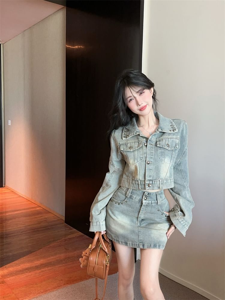 Collared Denim Jacket and Mini Skirt Set