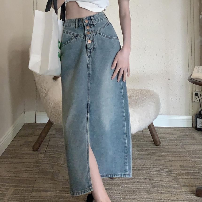 Washed Denim Midi H-Line Skirt with Button Fly and Slit
