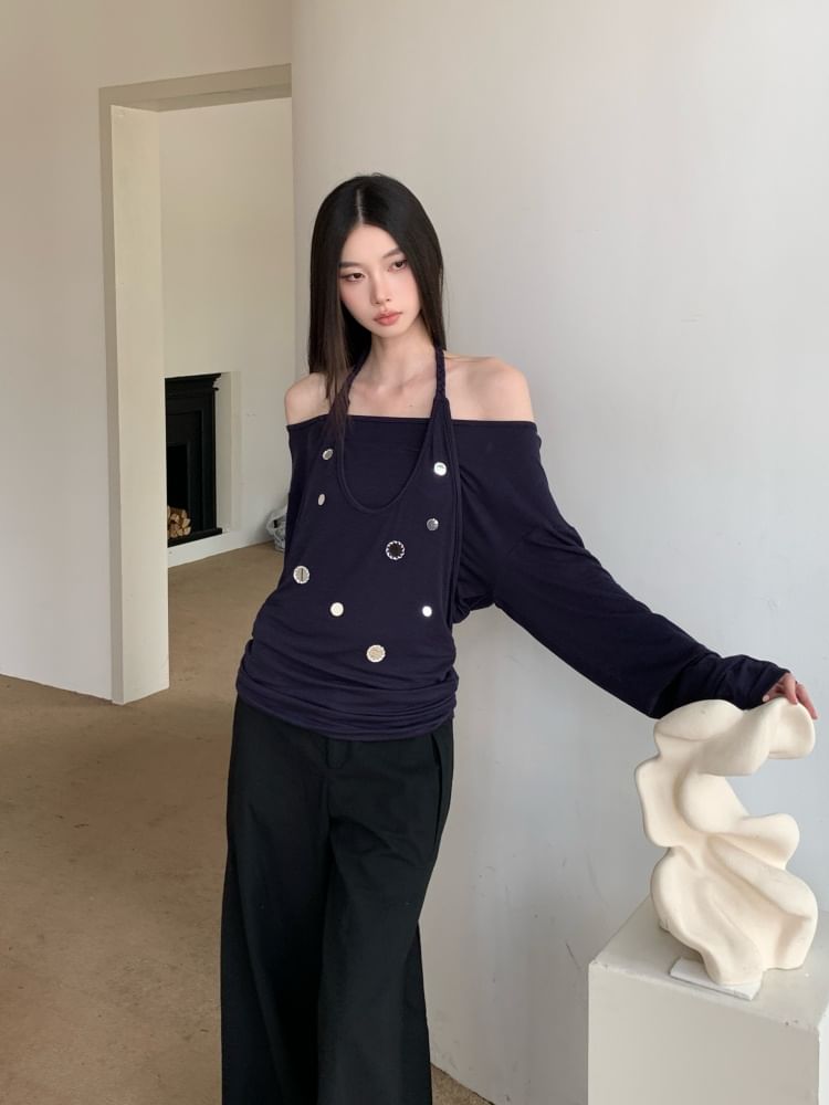 Halter Neck Two-Piece Long Sleeve Top