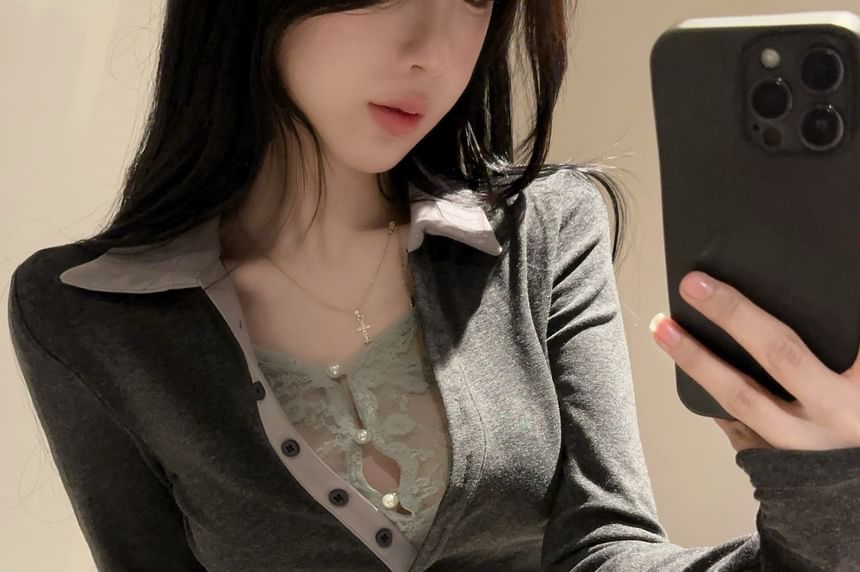 Lace Panel Contrast Collar Polo with Mock Two-Piece