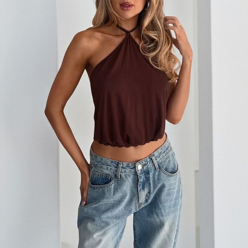 Halter Neck Plain Lace Panel Crop Camisole Top