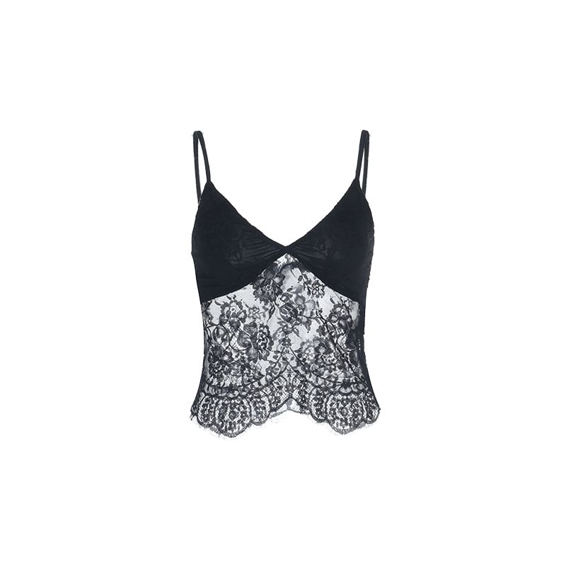 V-Neck Plain Lace Panel Crop Camisole Top