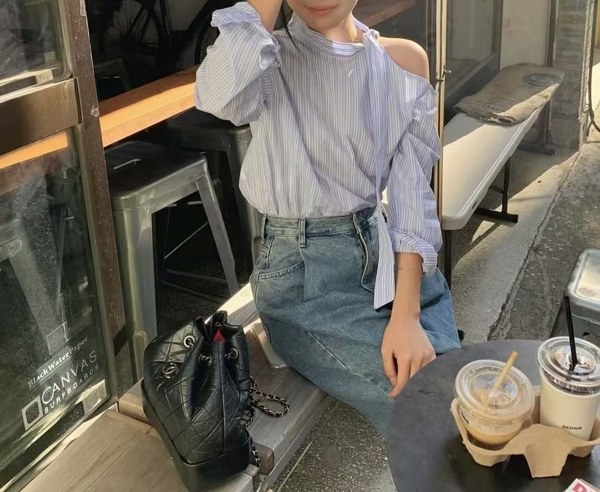 Shadow-Stripe Cold-Shoulder Puff Sleeve Blouse