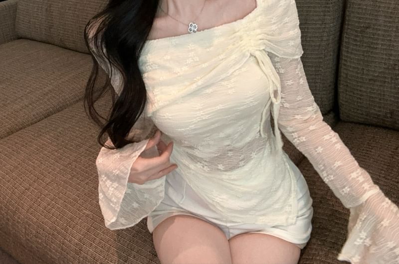 Lace-Trimmed Square Neck Cropped Pullover with Long Sleeves