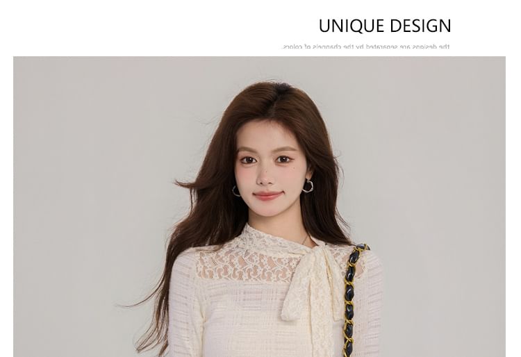 Mock Neck Lace Panel Ruched Long-Sleeve Top