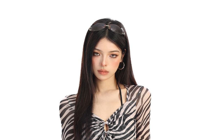 Zebra Print V-Neck Cropped Long Sleeve Tie-Front Top