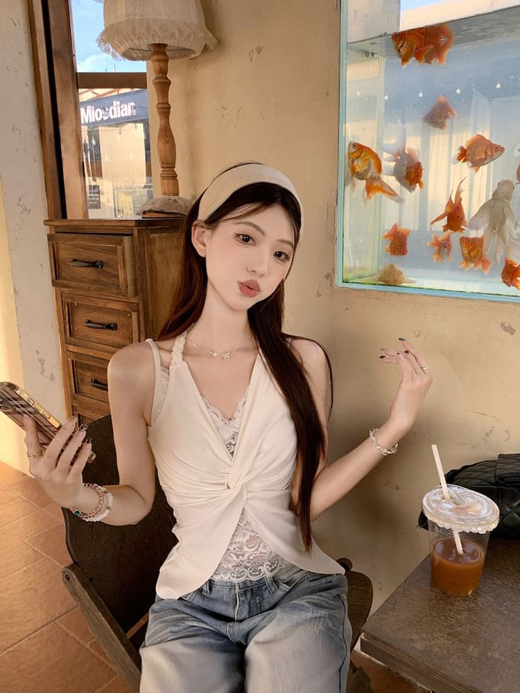 Halter V-Neck Lace Panel Ruched Open Back Crop Top