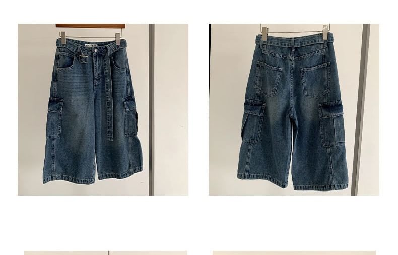 Mid Rise Washed Pocket Detail Denim Shorts