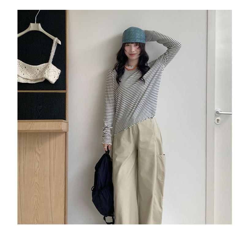Striped Lettuce Edge Crew Neck Long-Sleeve Tee
