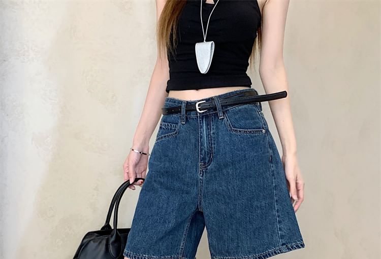 Mid Rise Washed Denim Wide Leg Shorts