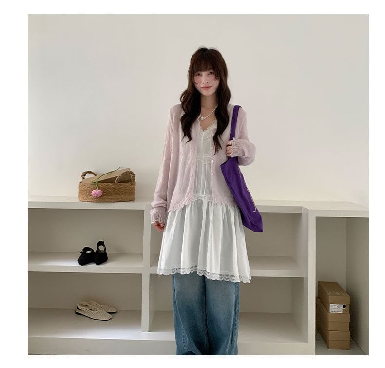 Round Neck Plain Lace Trim Button Up Cardigan