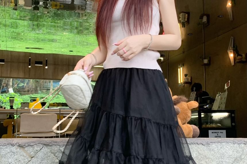 Mid Waist Asymmetrical Sheer A-Line Skirt