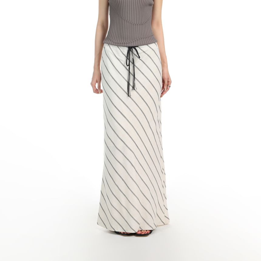 Drawstring Waist Diagonal Striped Maxi A-Line Skirt