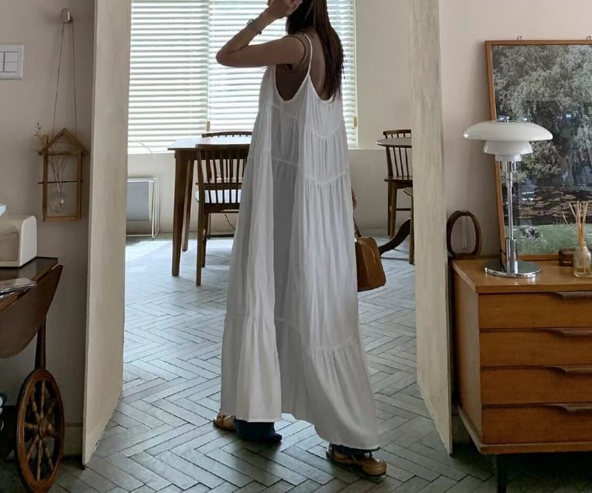 Spaghetti Strap Slit Hem Plain Maxi A-Line Dress