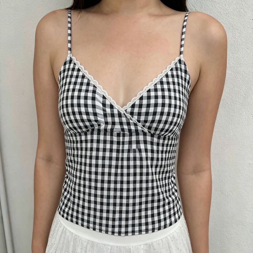 V-Neck Lace-Trim Checker Slim-Fit Crop Camisole Top