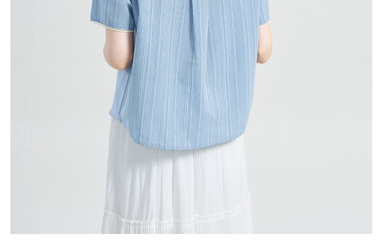 Short-Sleeve Crew Neck Striped Lace Trim Button-Up Blouse