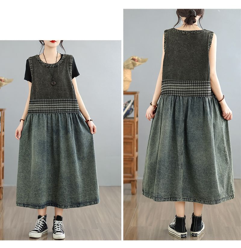 Sleeveless Round Neck Patchwork Washed Denim Maxi Smock Dress