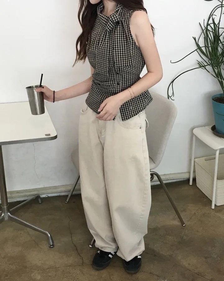 Stand Collar Gingham Ruched Button Crop Tank