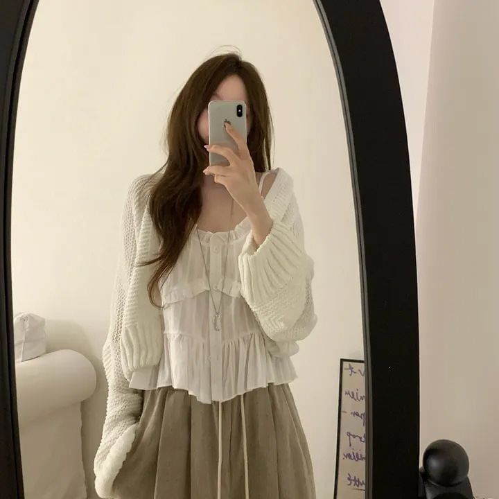 Frill Trim Button-Up V-Neck Camisole Top