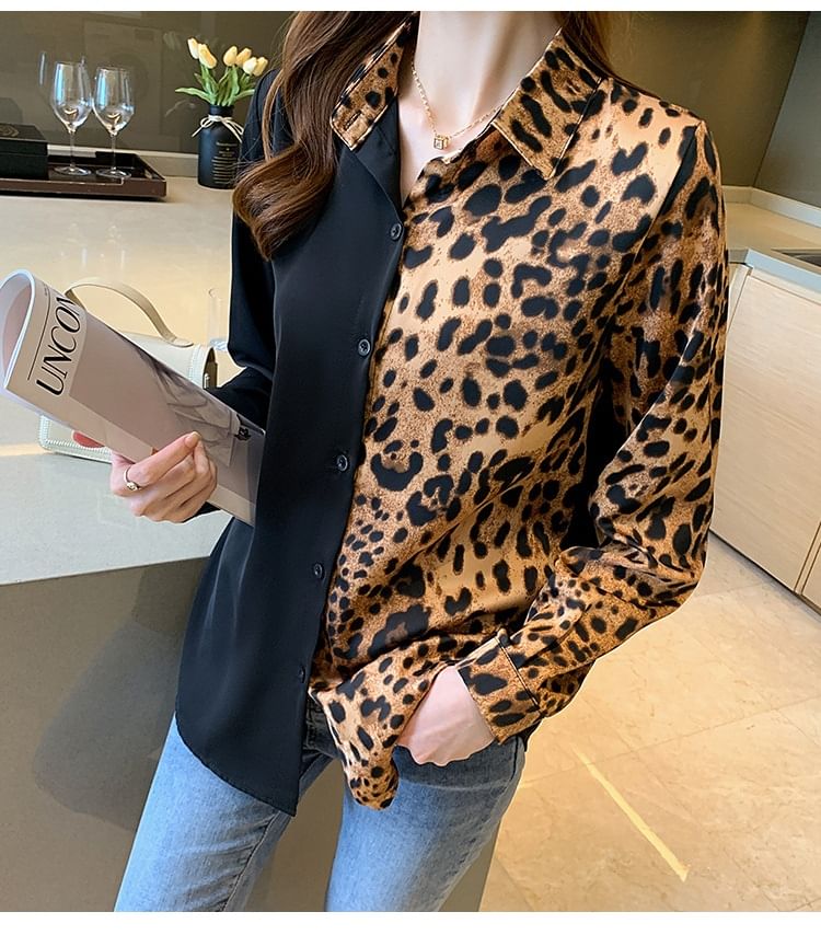 Leopard Print Panel Collared Long-Sleeve Shirt