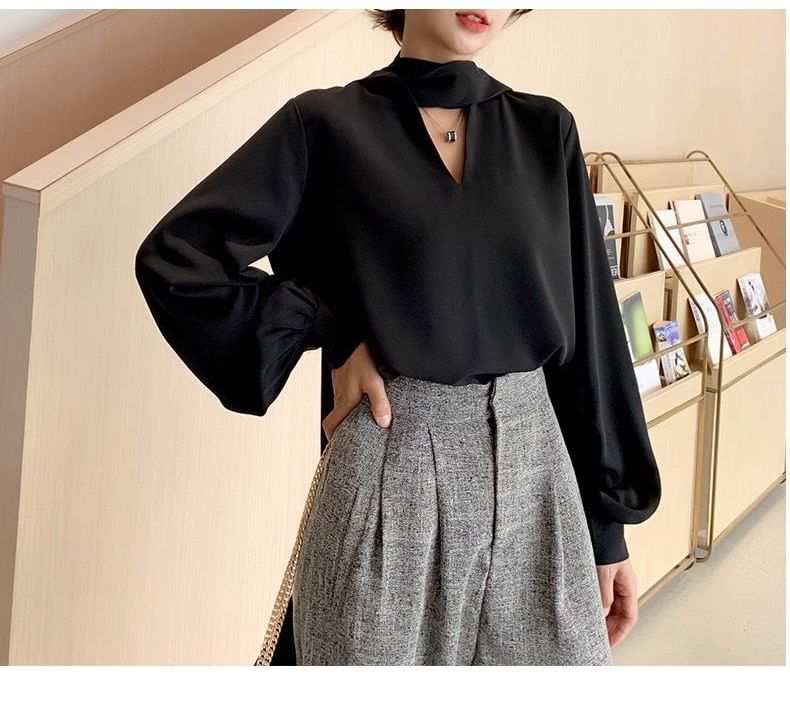 Sash Long-Sleeve Plain Blouse