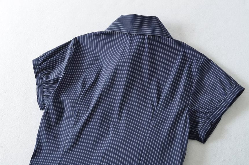 Striped Ruched Collared Short Sleeve Button Shirt
