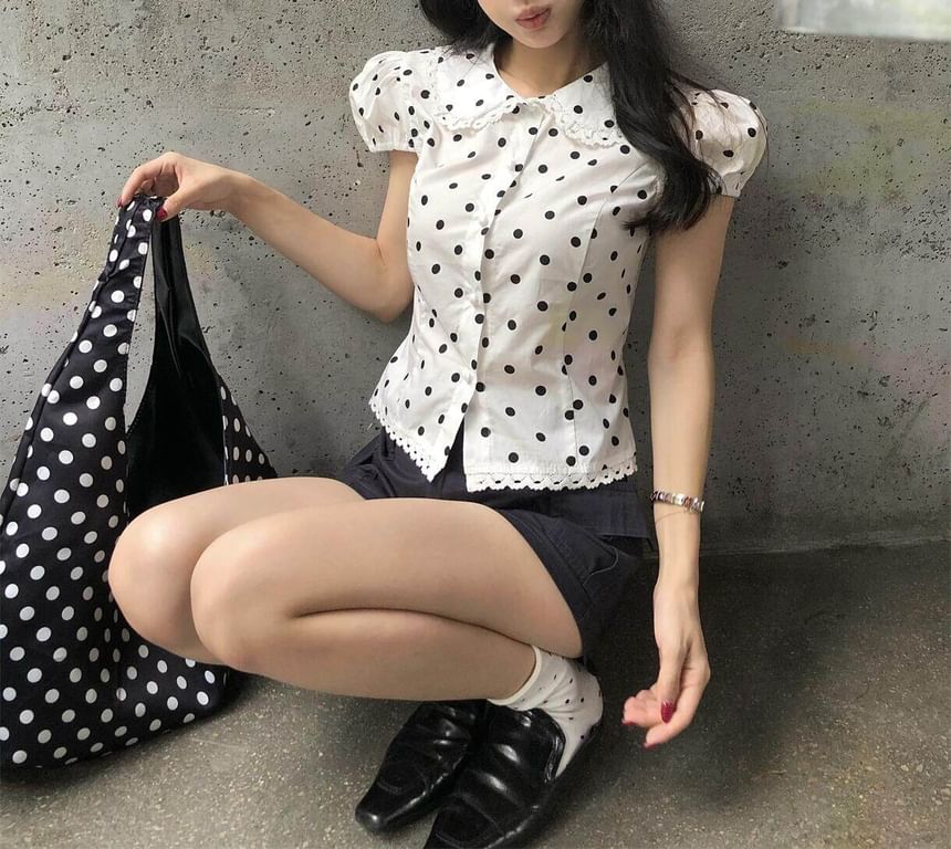 Puff Cap Sleeve Collared Polka Dot Lace Trim Blouse