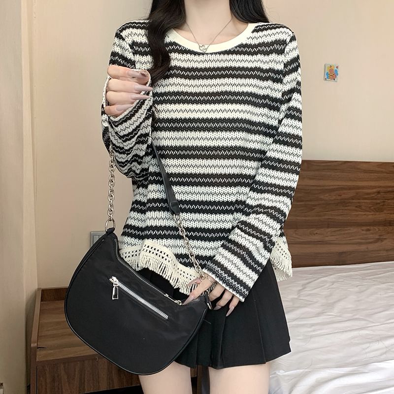 Fringed Striped Crew Neck Long-Sleeve Knit Top