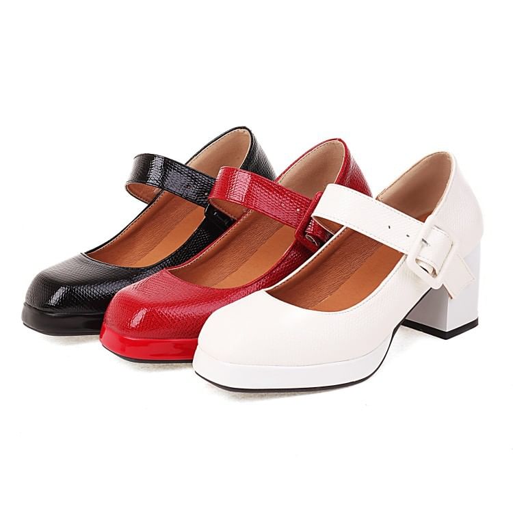 Block Heel Croc Grain Mary Jane Pumps