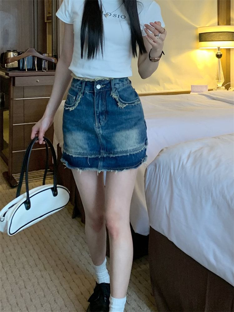 Mid Rise Washed Denim Mini A-Line Skirt