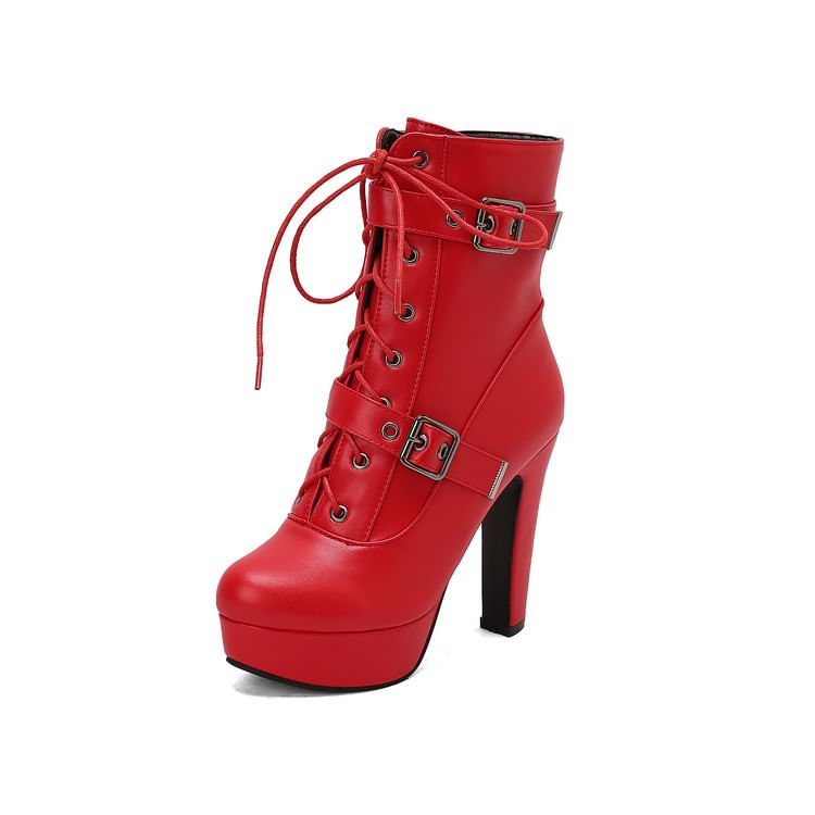 Platform Plain Buckled Lace-Up Faux Leather Short Boots
