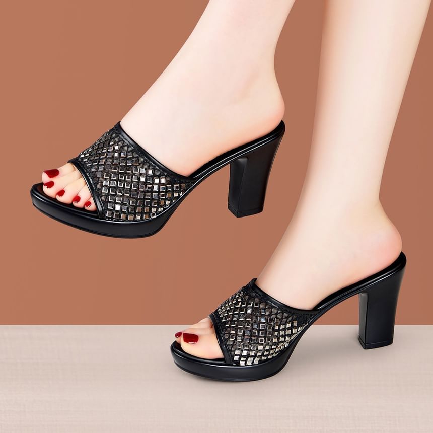 Block Heel Peep Toe Sequined Slide Sandals