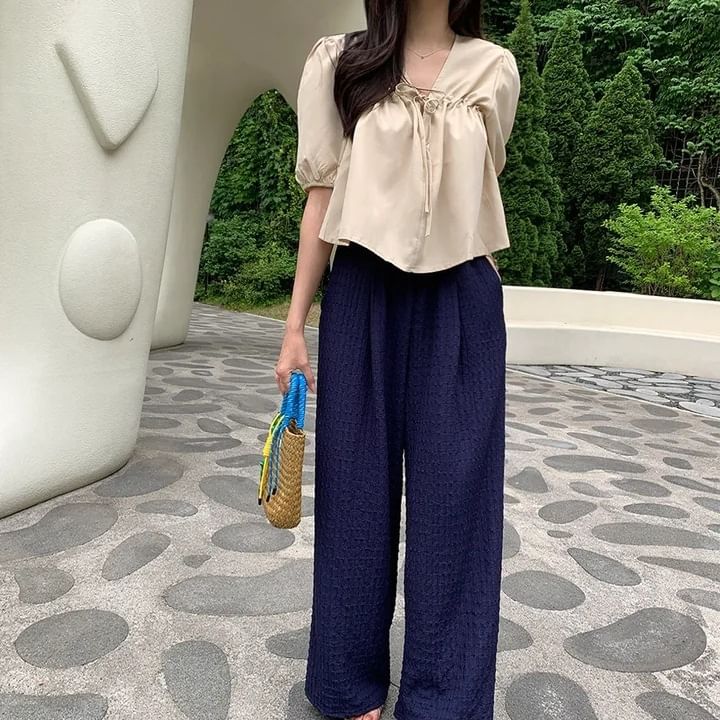 Short-Sleeve V-Neck Plain Blouse