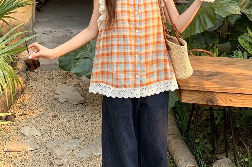 Sleeveless Plaid Lace Trim Blouse