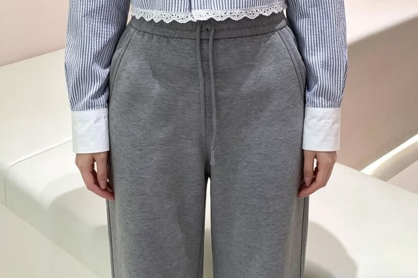 Long-Sleeve Striped Lace Trim Button-Up Crop Shirt