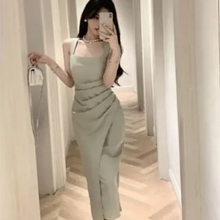 Sleeveless Sheath Dress Square Neck Midi Ruched Plain