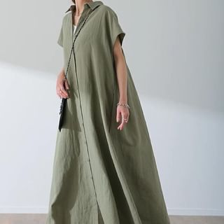 Short-Sleeve Solid Shirt Maxi Dress