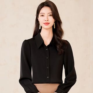 Long-Sleeve Button-Up Shirt with Mini Pencil Skirt, Flared Pants, and Scarf Set