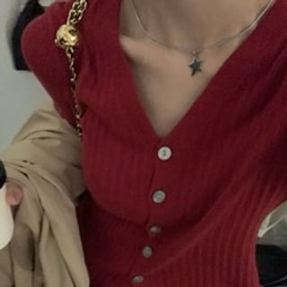 V-Neck Solid Ribbed Button Knitwear