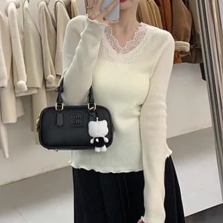 Ribbed V-Neck Lace-Trim Long-Sleeve Knit