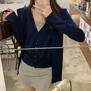 Plain V-Neck Mock Two-Piece Button Front Cardigan
