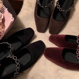 Jane Rhinestone Accent Velvet Heel Mary Pumps Low