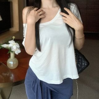 Yoga T-Shirt Waist Plain Skirt High Crop Off / Shoulder Overlay Short-Sleeve Pants