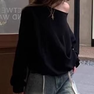 Drawstring Pullover Contrast Waist Off-Shoulder / Trim Plain