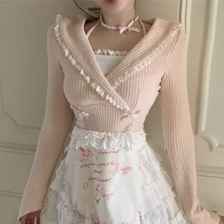 Knit Plain Lace Neck Mini Mock Apron Top Halter / Tiered Rise Set Bow Half Accent Crop Trim Skirt Two-Piece A-Line High Long-Sleeve